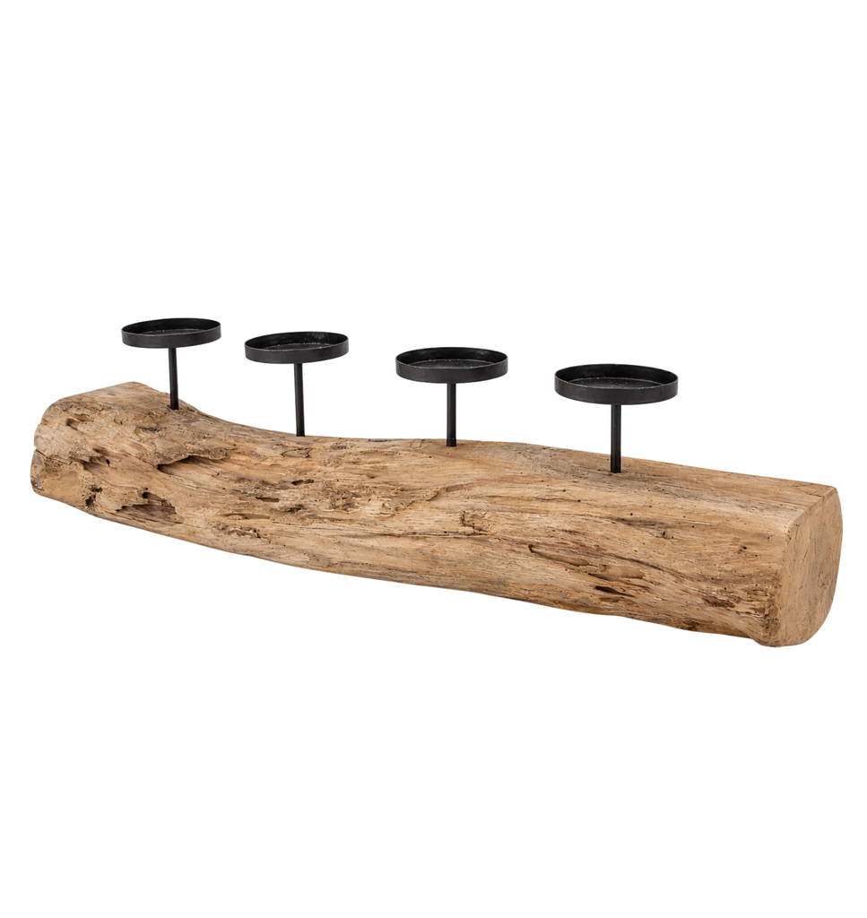 Teak erosion wood piece with candle holders 70x20x16cm Natural