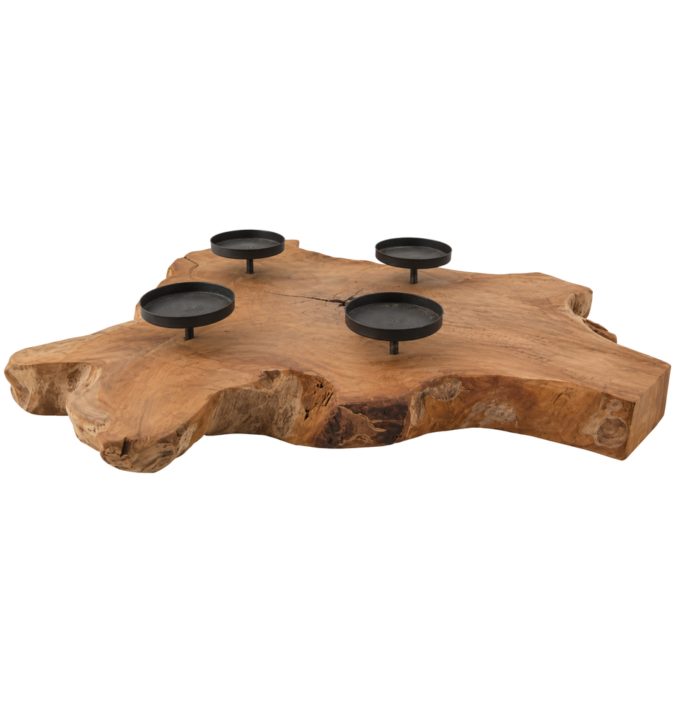 Root slice teak wood with candle holders 55x55x9 cm Natural 