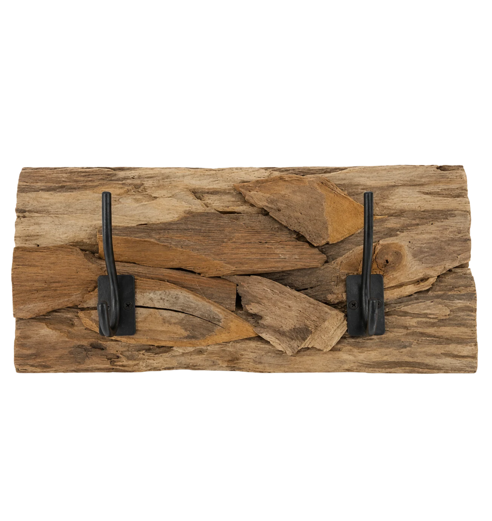 Coat rack teak wood with 2 hooks 38x18x8cm Natural/Black