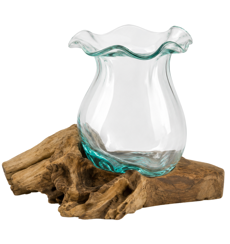 Root flower teak wood with glass 20x12x14cm Natural 