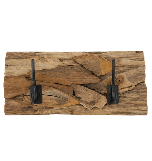 [2500032] Coat rack teak wood with 2 hooks 38x18x8cm Natural/Black