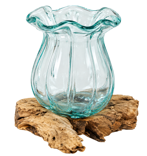 [2500436] Root flower teak wood with glass 20x12x14cm Natural 